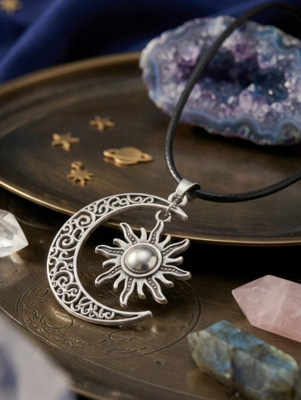 Sun Moon Silver Plated Celestial Whimsigoth Adjustable Cord Necklace 19"